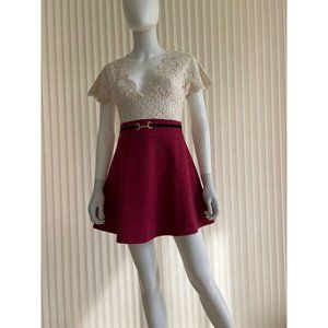 Rojita Women's Dress Ivory Pink Fushia Lace Floral Wool Fit n Flare Pinup Size S